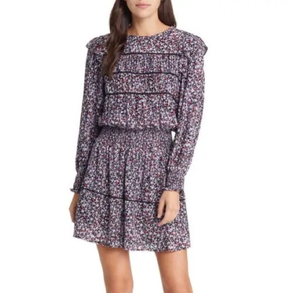Rails Faren Floral Long Sleeve Smocked Waist Tiered Mini Dress XS (NWT)